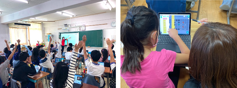 ▲左：渋谷区立猿楽小学校でのサイバーエージェントによるプログラミング授業の様子右：渋谷区立渋谷本町学園小学校でのＤｅＮＡによるプログラミング授業の様子
            
